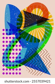 Colorful geometric shapes. Object in trendy riso graph design. Geometry elements abstract risograph print texture style.