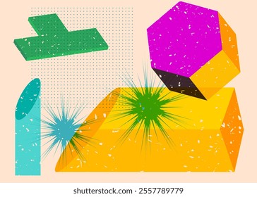 Colorful geometric shapes. Object in trendy riso graph design. Geometry elements abstract risograph print texture style.