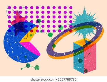 Colorful geometric shapes. Object in trendy riso graph design. Geometry elements abstract risograph print texture style.