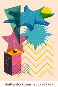 Colorful geometric shapes. Object in trendy riso graph design. Geometry elements abstract risograph print texture style.