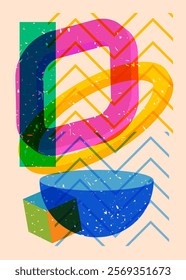 Colorful geometric shapes. Object in trendy riso graph design. Geometry elements abstract risograph print texture style.