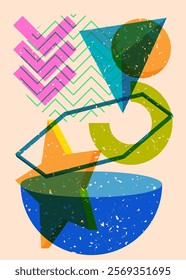 Colorful geometric shapes. Object in trendy riso graph design. Geometry elements abstract risograph print texture style.