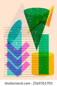 Colorful geometric shapes. Object in trendy riso graph design. Geometry elements abstract risograph print texture style.