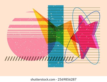 Colorful geometric shapes. Object in trendy riso graph design. Geometry elements abstract risograph print texture style.