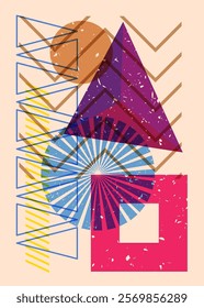 Colorful geometric shapes. Object in trendy riso graph design. Geometry elements abstract risograph print texture style.