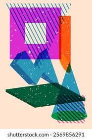 Colorful geometric shapes. Object in trendy riso graph design. Geometry elements abstract risograph print texture style.