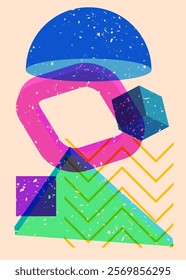 Colorful geometric shapes. Object in trendy riso graph design. Geometry elements abstract risograph print texture style.