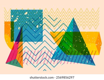 Colorful geometric shapes. Object in trendy riso graph design. Geometry elements abstract risograph print texture style.