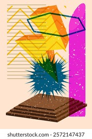 Colorful geometric shapes. Object in trendy riso graph design. Geometry elements abstract risograph print texture style.