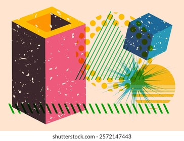 Colorful geometric shapes. Object in trendy riso graph design. Geometry elements abstract risograph print texture style.