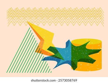 Colorful geometric shapes. Object in trendy riso graph design. Geometry elements abstract risograph print texture style.