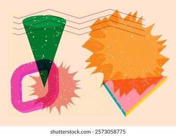 Colorful geometric shapes. Object in trendy riso graph design. Geometry elements abstract risograph print texture style.