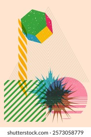 Colorful geometric shapes. Object in trendy riso graph design. Geometry elements abstract risograph print texture style.