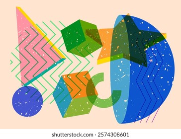 Colorful geometric shapes. Object in trendy riso graph design. Geometry elements abstract risograph print texture style.