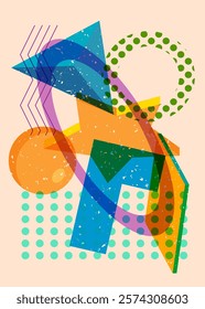 Colorful geometric shapes. Object in trendy riso graph design. Geometry elements abstract risograph print texture style.