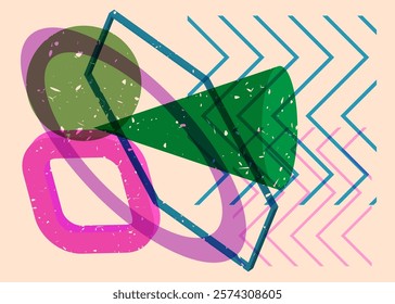 Colorful geometric shapes. Object in trendy riso graph design. Geometry elements abstract risograph print texture style.