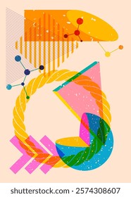 Colorful geometric shapes. Object in trendy riso graph design. Geometry elements abstract risograph print texture style.