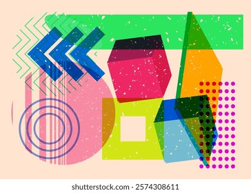 Colorful geometric shapes. Object in trendy riso graph design. Geometry elements abstract risograph print texture style.