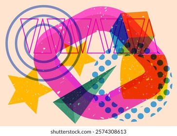 Colorful geometric shapes. Object in trendy riso graph design. Geometry elements abstract risograph print texture style.