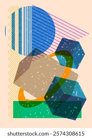 Colorful geometric shapes. Object in trendy riso graph design. Geometry elements abstract risograph print texture style.