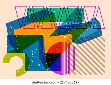 Colorful geometric shapes. Object in trendy riso graph design. Geometry elements abstract risograph print texture style.