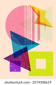 Colorful geometric shapes. Object in trendy riso graph design. Geometry elements abstract risograph print texture style.