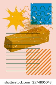 Colorful geometric shapes. Object in trendy riso graph design. Geometry elements abstract risograph print texture style.