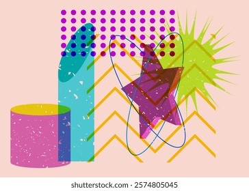 Colorful geometric shapes. Object in trendy riso graph design. Geometry elements abstract risograph print texture style.