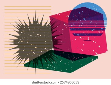 Colorful geometric shapes. Object in trendy riso graph design. Geometry elements abstract risograph print texture style.