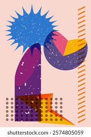 Colorful geometric shapes. Object in trendy riso graph design. Geometry elements abstract risograph print texture style.