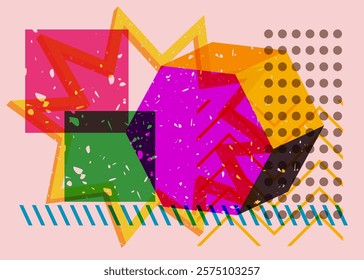 Colorful geometric shapes. Object in trendy riso graph design. Geometry elements abstract risograph print texture style.