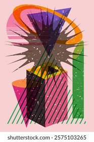 Colorful geometric shapes. Object in trendy riso graph design. Geometry elements abstract risograph print texture style.