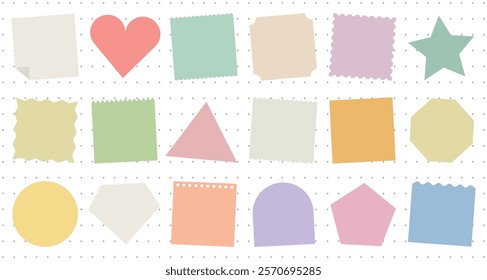 Colorful geometric shapes on a dotted background. Shapes include heart, star, circle, and triangle. Pastel colors make the shapes vibrant and fun. Memo element vector set.