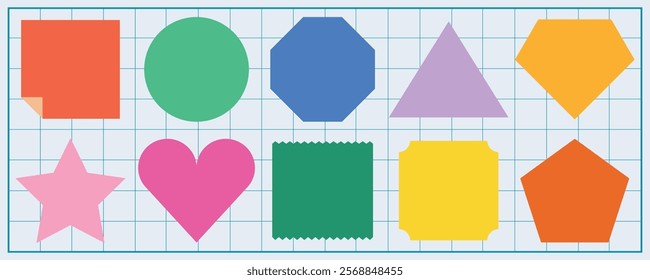 Colorful geometric shapes on a grid background. Shapes include circle, triangle, star, and heart. Bright shapes, grid, and geometry for design. Memo element vector set.