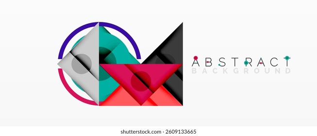 Colorful geometric shapes overlap. Red, teal, gray, purple create modern design. Abstract composition, dynamic lines, flat style.