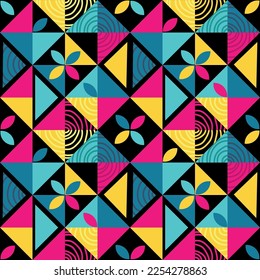 Patrón de formas geométricas coloridas en un estilo moderno.Fondo abstracto.Plantilla de diseño vintage para impresión, papel pintado, tela,cubierta,textura sin soldadura.Arte geométrico.Ilustración vectorial moderna