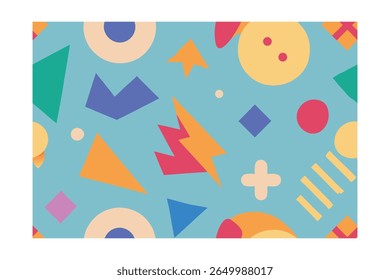 Kleurrijke geometrische vormen patroon op lichtblauwe cirkels met driehoeken en andere vormen
