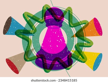 Colorful geometric shapes with pawn, chess piece. Object in trendy riso graph design. Geometry elements abstract risograph print texture style.