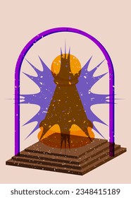 Colorful geometric shapes with pawn, chess piece. Object in trendy riso graph design. Geometry elements abstract risograph print texture style.
