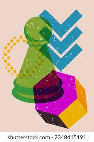Colorful geometric shapes with pawn, chess piece. Object in trendy riso graph design. Geometry elements abstract risograph print texture style.