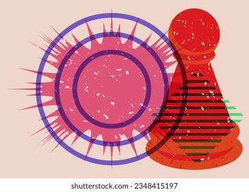 Colorful geometric shapes with pawn, chess piece. Object in trendy riso graph design. Geometry elements abstract risograph print texture style.