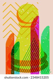 Colorful geometric shapes with pawn, chess piece. Object in trendy riso graph design. Geometry elements abstract risograph print texture style.