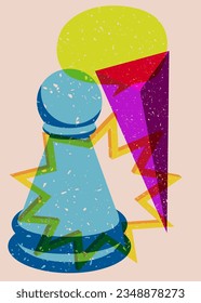 Colorful geometric shapes with pawn, chess piece and speech bubble. Object in trendy riso graph design. Geometry elements abstract risograph print texture style.