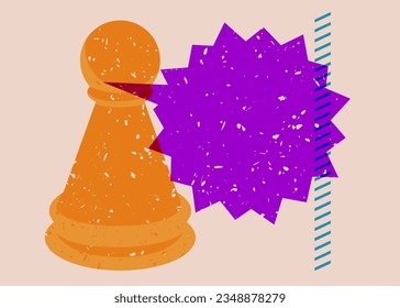 Colorful geometric shapes with pawn, chess piece and speech bubble. Object in trendy riso graph design. Geometry elements abstract risograph print texture style.