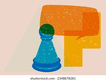 Colorful geometric shapes with pawn, chess piece and speech bubble. Object in trendy riso graph design. Geometry elements abstract risograph print texture style.