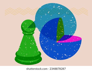 Colorful geometric shapes with pawn, chess piece and speech bubble. Object in trendy riso graph design. Geometry elements abstract risograph print texture style.