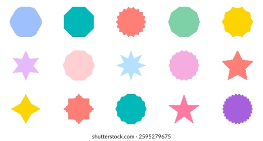 Colorful Geometric Shapes Pixelated Icon Set. Pixel Art Symbol Collection Of Vibrant Geometric Designs In Various Colors And Shapes. Isolated Vector Illustration.
