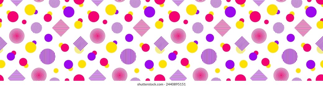 Colorful geometric shapes seamless pattern. Holi repeated banner vector illustration. Indian traditional holidays template background. Cute backdrop with geometric random shapes. Spring wallpaper