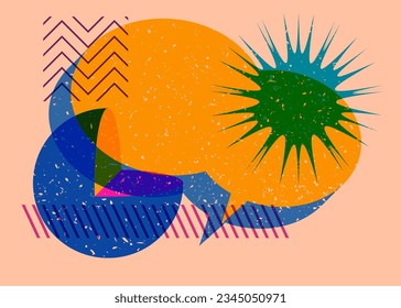 Farbige geometrische Formen mit Sprachblase. Objekt in trendigem Riso Graphdesign. Geometrische Elemente abstrakter Risograph-Druck-Stil Textur.