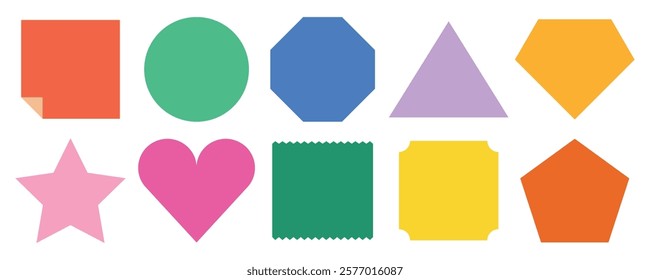 Colorful geometric shapes: square, circle, octagon, triangle, star, heart, scalloped, badge, pentagon. Bright shapes, diverse shapes, colorful shapes. Memo element vector set.